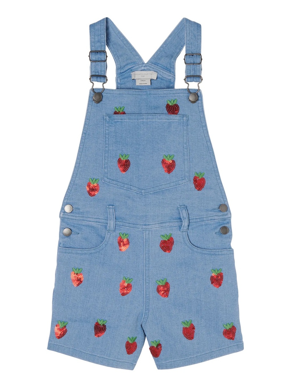 Stella McCartney Kids Light Blue Denim Strawberry Embroidered Short Overalls